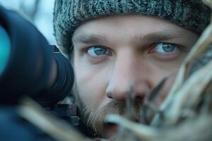 portrait of a man in camouflage with an optical sight in his hands photo