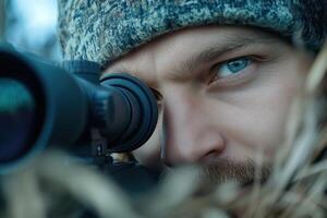 Close up portrait of a portrait of a sniper looking through a telescopic sight photo