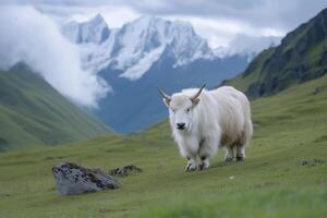 White yak on the background of snow-capped mountains in the clouds photo