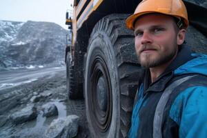 Portrait of a worker on the background of a large dump truck photo