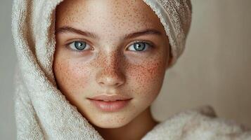 A woman with freckles on her face is wrapped in a towel photo