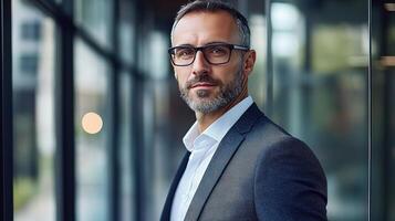 A man with glasses and a beard standing in front of a window photo