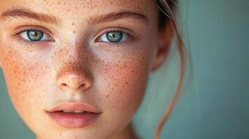 un cerca arriba de un joven mujer con pecas foto