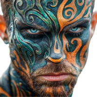a man with a face painted with a colorful design isolated on transparent background png