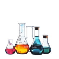 Different laboratory glassware with color liquid and with reflection isolated on Transparent Background png