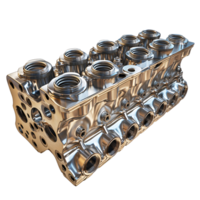 A polished engine cylinder head designed for efficient airflow and engine isolated on transparent background png
