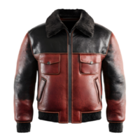Vintage Leather Jacket with Red and Brown Tones Featuring Zipper Closures Pockets and Textured Surface for Versatile and Stylish Outerwear png
