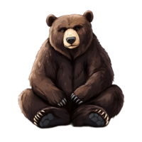Thoughtful brown bear sitting in natural forest environment looking ahead with focused attention png