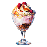 Tempting Summer Ice Cream Sundae Filled with Colorful Fruits and Creamy Whipped Topping png