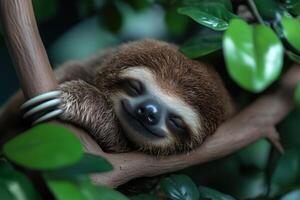 Baby sloth sleeping on a tree branch in the rainforest. photo