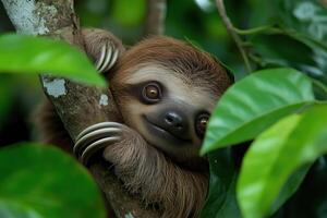 Cute baby sloth climbing on a tree in the rainforest photo