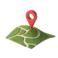 3D Red Location Pin Pointer on Minimalist Green Map Landscape for Navigation and Wayfinding png