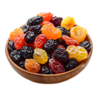 Assorted Dried Fruits in a Rustic Wooden Bowl on Neutral Background png