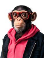Stylish Chimpanzee in Vibrant Red Attire Posing Playfully in Studio Setting png