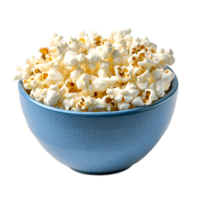 Close up Shot of Freshly Popped Popcorn in a Blue Bowl on a White Background png