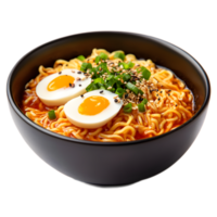 Savory Japanese Ramen Noodle Soup in a Bowl with Egg and Garnish png