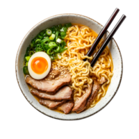Steaming Bowl of Authentic Japanese Ramen Noodle Soup with Savory Broth Soft Boiled Egg and Fresh Garnishes png