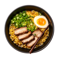Steaming Bowl of Japanese Ramen Noodles with Pork Egg and Fresh Garnishes png