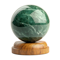 Captivating Emerald Green Marble Sphere with Mesmerizing Fractal Pattern on Wooden Display png