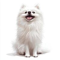 Fluffy white pomeranian with a joyful expression on a bright background photo