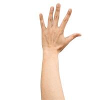 Asian woman open the palm of the hand isolated on white background. photo