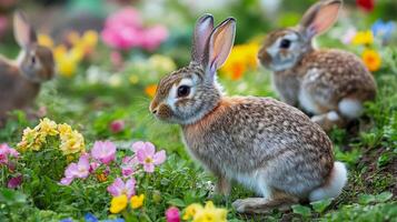 Rabbits exploring a vibrant garden filled with colorful flowers in springtime daylight photo