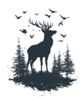 Silhouette of deer with birds in forest png