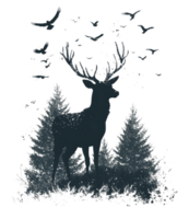 Silhouette of deer in snowy forest with birds png
