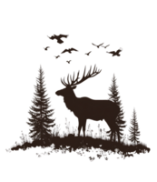 Silhouette of deer in snowy forest with birds transparent background png