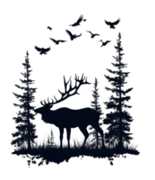 Silhouette of elk in forest with birds png