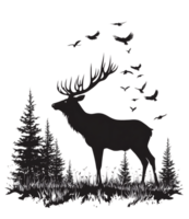 Silhouette of elk in forest with birds transparent background png
