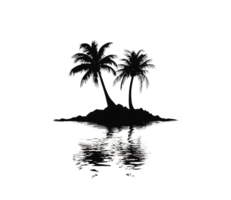 Silhouette of tropical island with palm trees reflecting in water. png