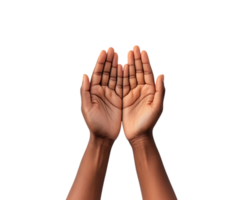 Close up of open hands against a black background, symbolizing prayer, hope, faith, and supplication. png