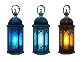 tre illuminato Ramadan lanterne con diverso colori. png