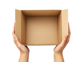 Open empty cardboard box held by hands. png