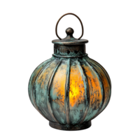 Rustic teal lantern with warm light. png
