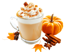 Pumpkin spice latte with whipped cream and autumn spices png