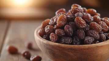 Dark raisins displayed in a wooden bowl on a rustic table setting photo