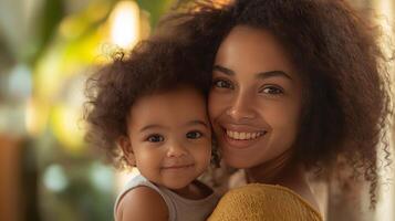 Smiling mother holds her joyful child in a warm indoor setting photo