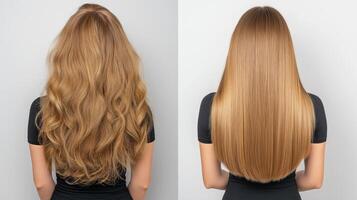 Transforming hair from wavy to sleek at a salon in a bright studio photo