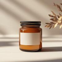 Simple amber jar with blank label on a neutral background with soft shadows photo