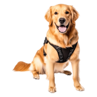 Happy Golden Retriever in Harness Smiling for the Camera at Studio png