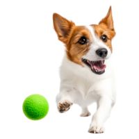 Happy Dog Running with a Green Ball in a Playful Outdoor Setting png