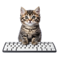 Playful tabby kitten sitting at a computer keyboard with curious expression png