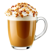 Delicious Caramel Macchiato with Whipped Cream and Nuts in Clear Mug png