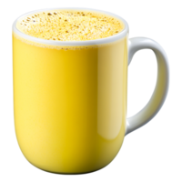 Bright Yellow Mug Filled with Creamy Beverage Clean Background png