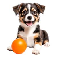 Happy Puppy with Orange Ball Sitting on , Playful Expression png