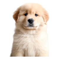 Cute golden retriever puppy sitting with a curious expression in soft light png