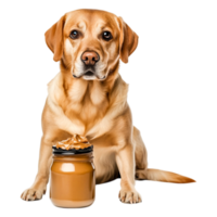 Adorable Labrador Retriever Dog Sitting Beside a Jar of Peanut Butter png
