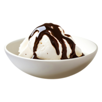 Creamy Vanilla Ice Cream in Bowl with Rich Chocolate Syrup Drizzle png